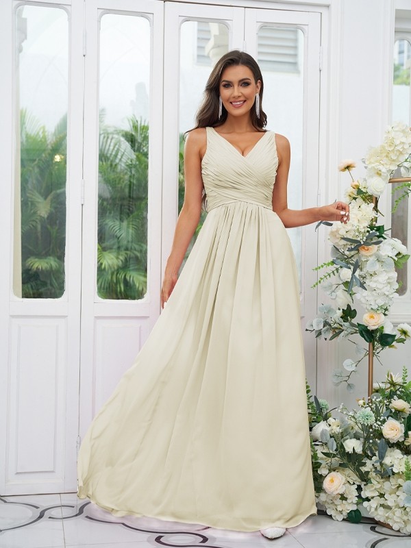 A-Line/Princess Chiffon Ruffles V-neck Sleeveless Floor-Length Bridesmaid Dresses 2236