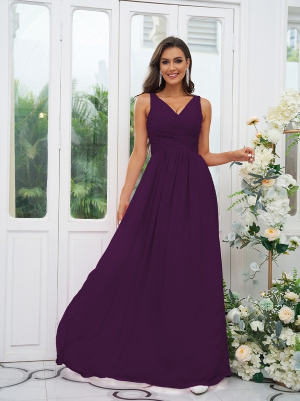 A-Line/Princess Chiffon Ruffles V-neck Sleeveless Floor-Length Bridesmaid Dresses 2236