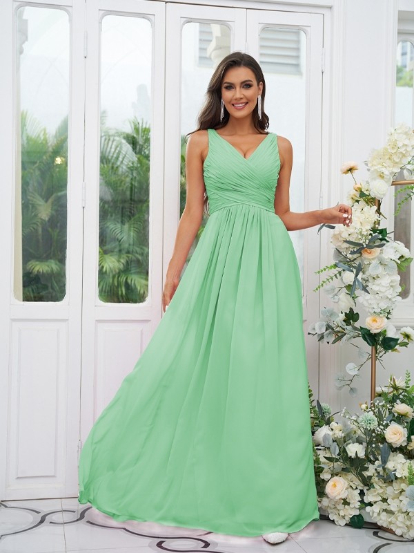 A-Line/Princess Chiffon Ruffles V-neck Sleeveless Floor-Length Bridesmaid Dresses 2236