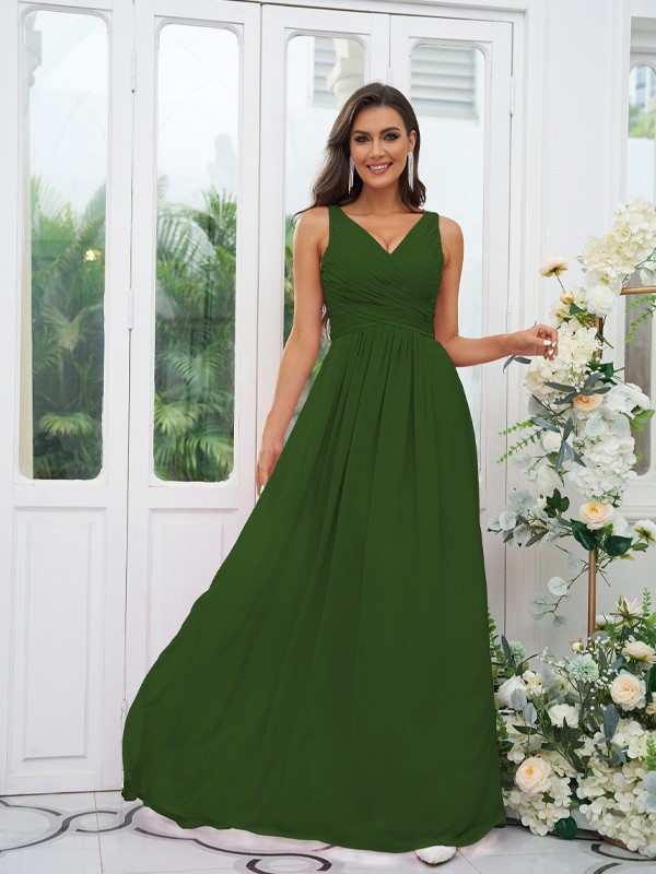 A-Line/Princess Chiffon Ruffles V-neck Sleeveless Floor-Length Bridesmaid Dresses 2236