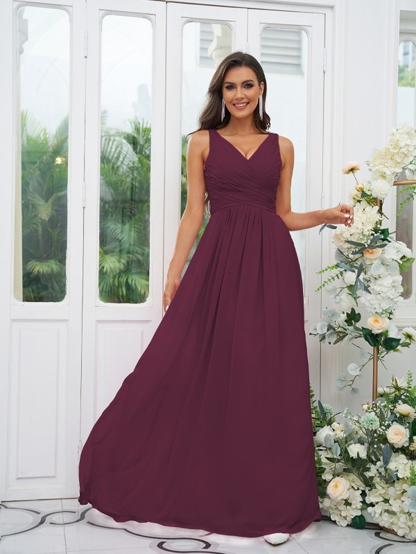 A-Line/Princess Chiffon Ruffles V-neck Sleeveless Floor-Length Bridesmaid Dresses 2236