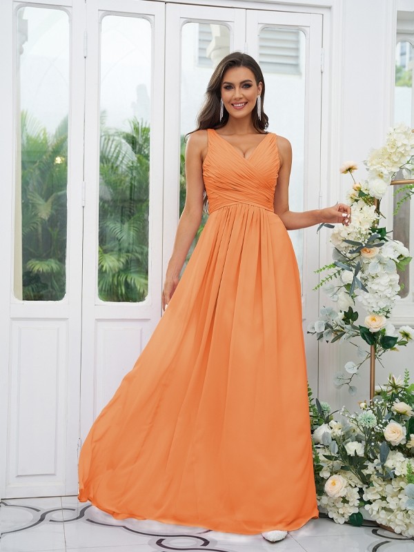 A-Line/Princess Chiffon Ruffles V-neck Sleeveless Floor-Length Bridesmaid Dresses 2236