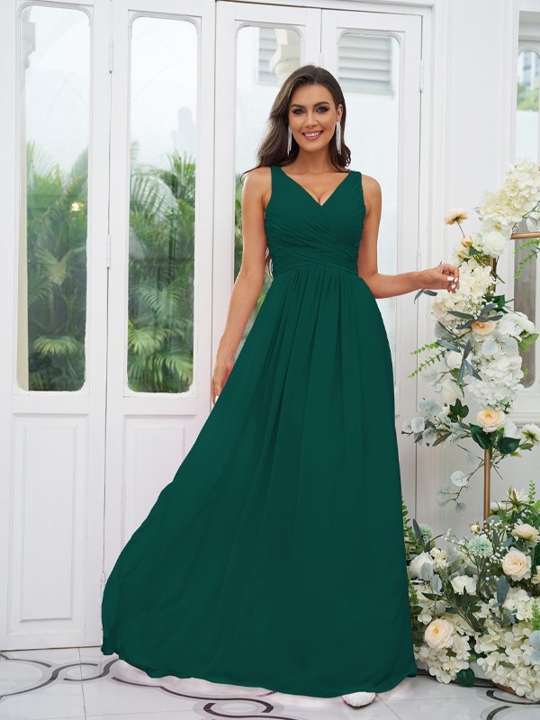 A-Line/Princess Chiffon Ruffles V-neck Sleeveless Floor-Length Bridesmaid Dresses 2236