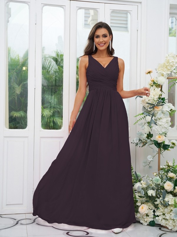 A-Line/Princess Chiffon Ruffles V-neck Sleeveless Floor-Length Bridesmaid Dresses 2236