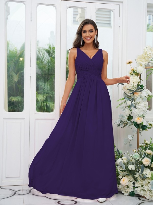 A-Line/Princess Chiffon Ruffles V-neck Sleeveless Floor-Length Bridesmaid Dresses 2236