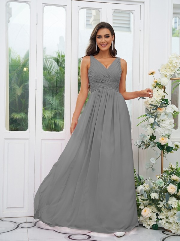 A-Line/Princess Chiffon Ruffles V-neck Sleeveless Floor-Length Bridesmaid Dresses 2236