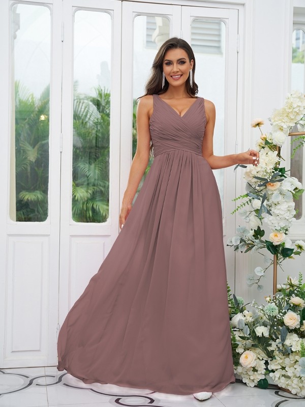 A-Line/Princess Chiffon Ruffles V-neck Sleeveless Floor-Length Bridesmaid Dresses 2236