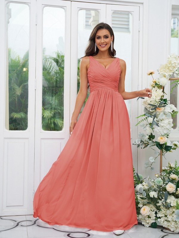 A-Line/Princess Chiffon Ruffles V-neck Sleeveless Floor-Length Bridesmaid Dresses 2236