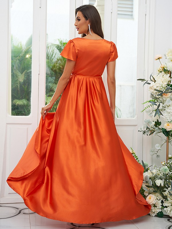 A-Line/Princess Silk like Satin Ruched V-neck Short Sleeves Floor-Length Bridesmaid Dresses 2474