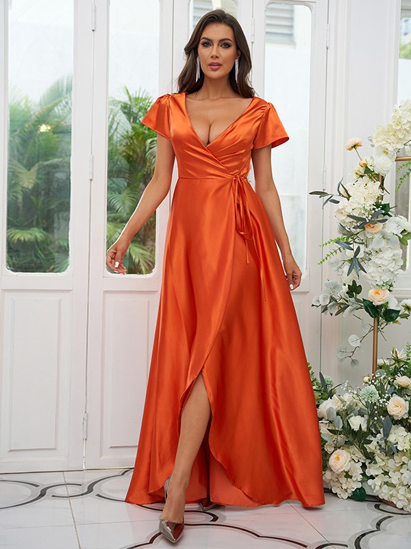 A-Line/Princess Silk like Satin Ruched V-neck Short Sleeves Floor-Length Bridesmaid Dresses 2474