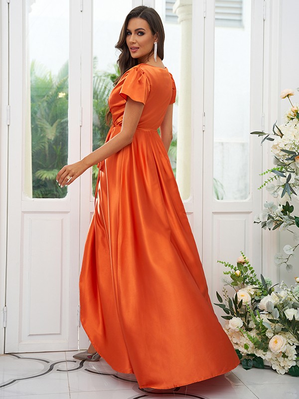 A-Line/Princess Silk like Satin Ruched V-neck Short Sleeves Floor-Length Bridesmaid Dresses 2474