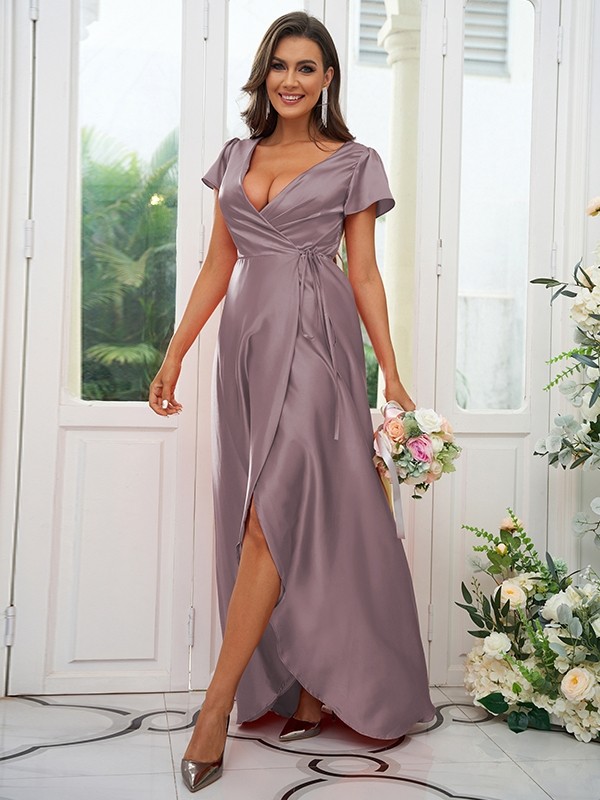 A-Line/Princess Silk like Satin Ruched V-neck Short Sleeves Floor-Length Bridesmaid Dresses 2474