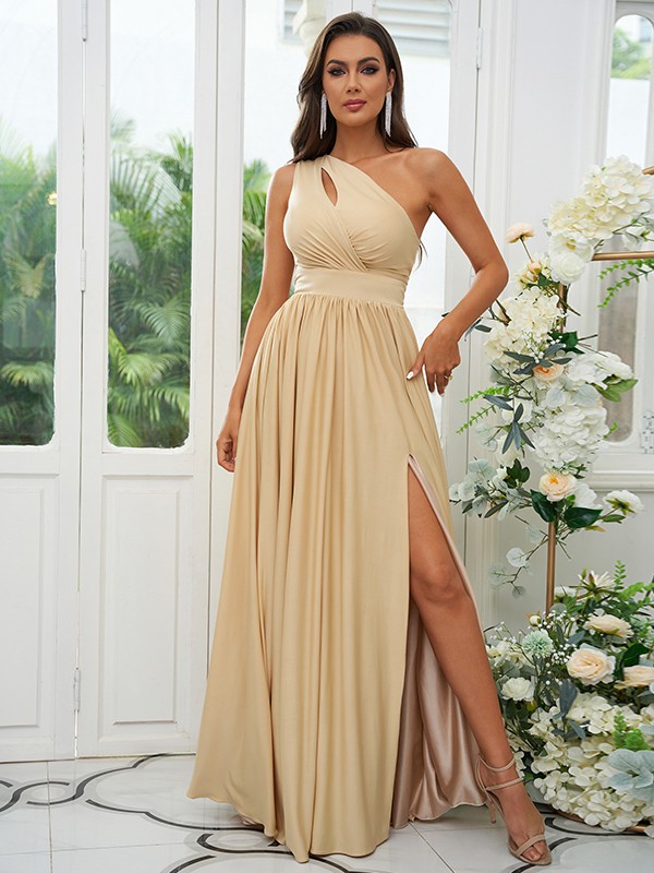 A-Line/Princess Jersey Ruffles One-Shoulder Sleeveless Floor-Length Bridesmaid Dresses 2328