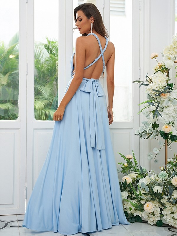 A-Line/Princess Jersey Ruffles V-neck Sleeveless Floor-Length Convertible Bridesmaid Dresses 2331