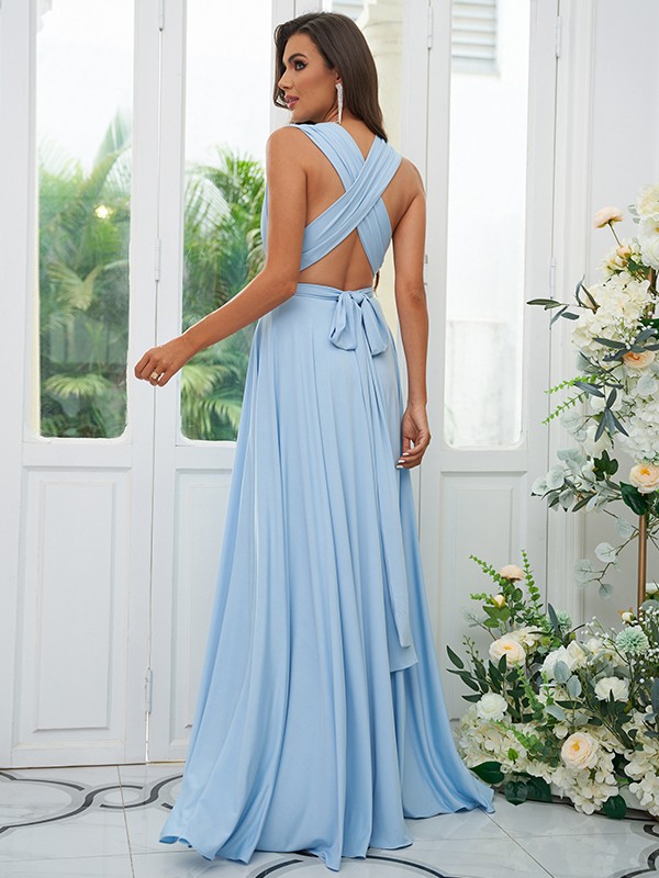 A-Line/Princess Jersey Ruffles V-neck Sleeveless Floor-Length Convertible Bridesmaid Dresses 2331