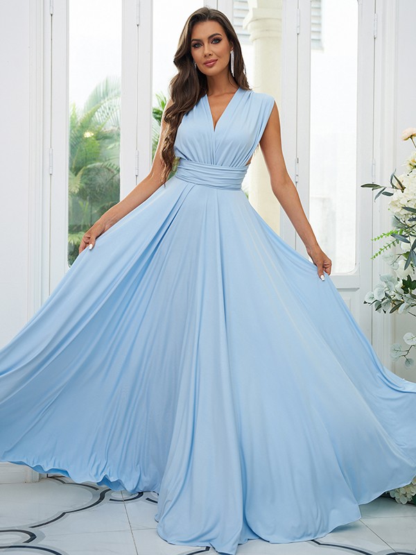 A-Line/Princess Jersey Ruffles V-neck Sleeveless Floor-Length Convertible Bridesmaid Dresses 2331