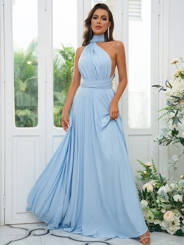 A-Line/Princess Jersey Ruffles Halter Sleeveless Floor-Length Convertible Bridesmaid Dresses 2324