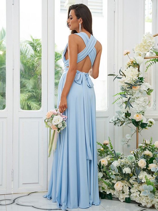 A-Line/Princess Jersey Ruffles Halter Sleeveless Floor-Length Convertible Bridesmaid Dresses 2324