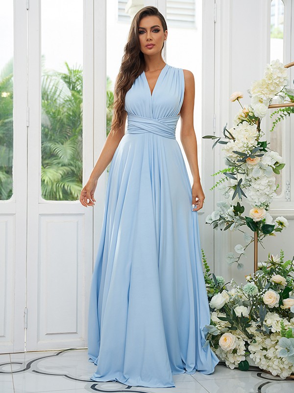 A-Line/Princess Jersey Ruffles Halter Sleeveless Floor-Length Convertible Bridesmaid Dresses 2324