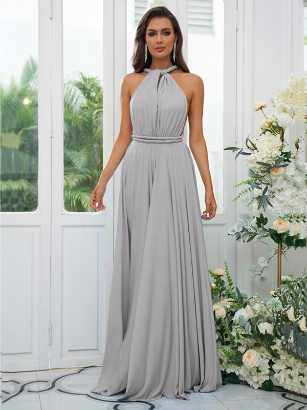 A-Line/Princess Jersey Ruffles Halter Sleeveless Floor-Length Convertible Bridesmaid Dresses 2324