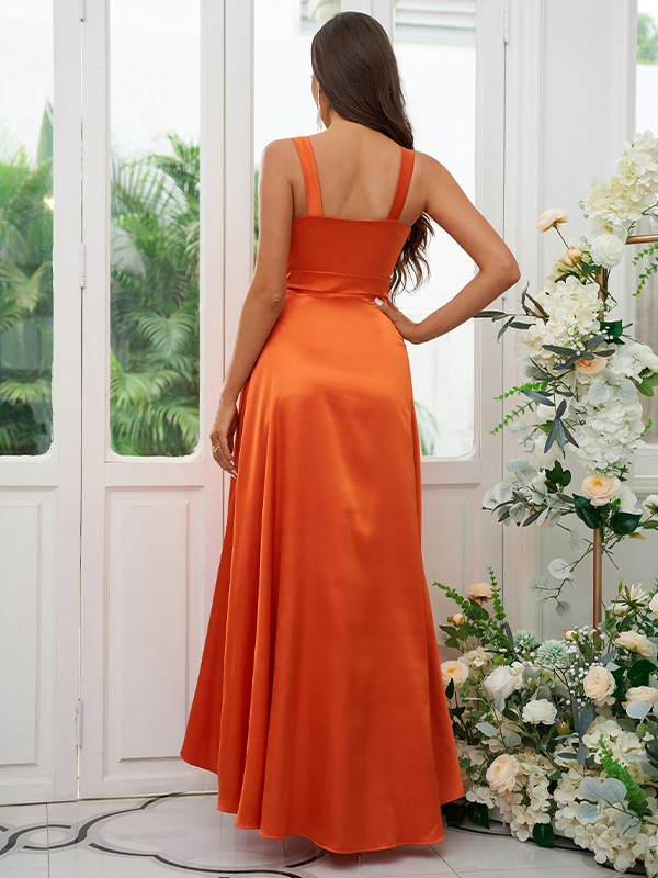 A-Line/Princess Silk like Satin Ruffles V-neck Sleeveless Ankle-Length Bridesmaid Dresses 2489