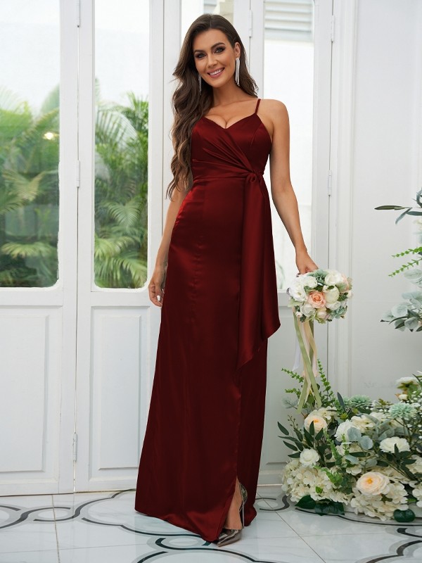 A-Line/Princess Elastic Woven Satin Ruched Spaghetti Straps Sleeveless Floor-Length Bridesmaid Dresses 2254