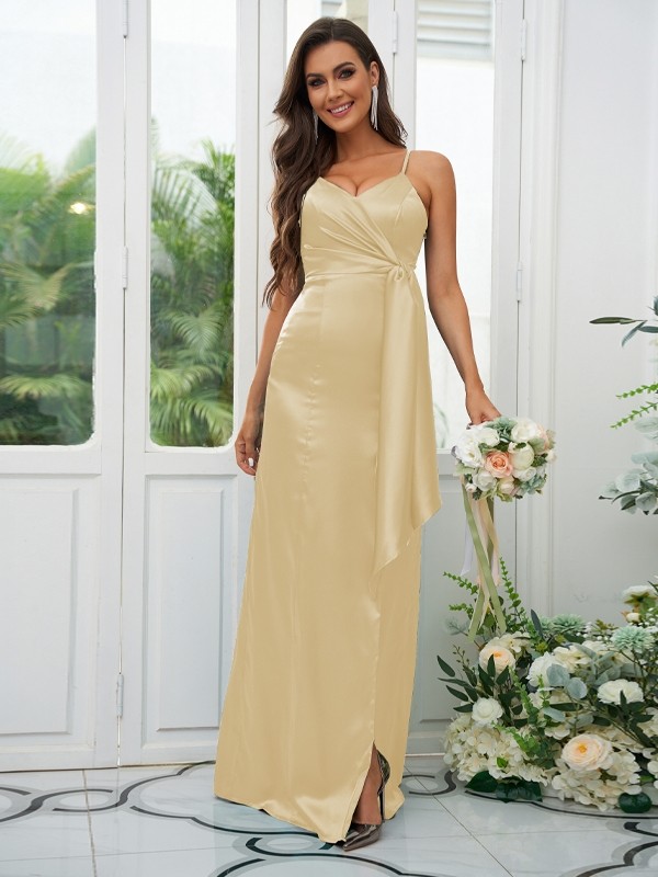 A-Line/Princess Elastic Woven Satin Ruched Spaghetti Straps Sleeveless Floor-Length Bridesmaid Dresses 2254