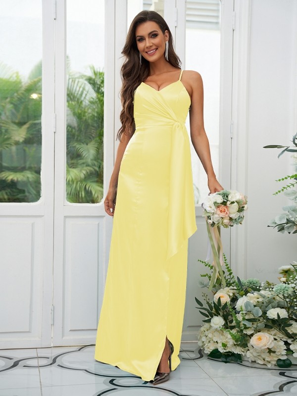 A-Line/Princess Elastic Woven Satin Ruched Spaghetti Straps Sleeveless Floor-Length Bridesmaid Dresses 2254