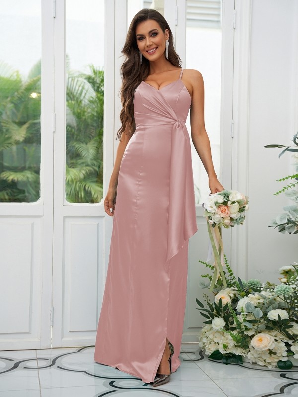 A-Line/Princess Elastic Woven Satin Ruched Spaghetti Straps Sleeveless Floor-Length Bridesmaid Dresses 2254