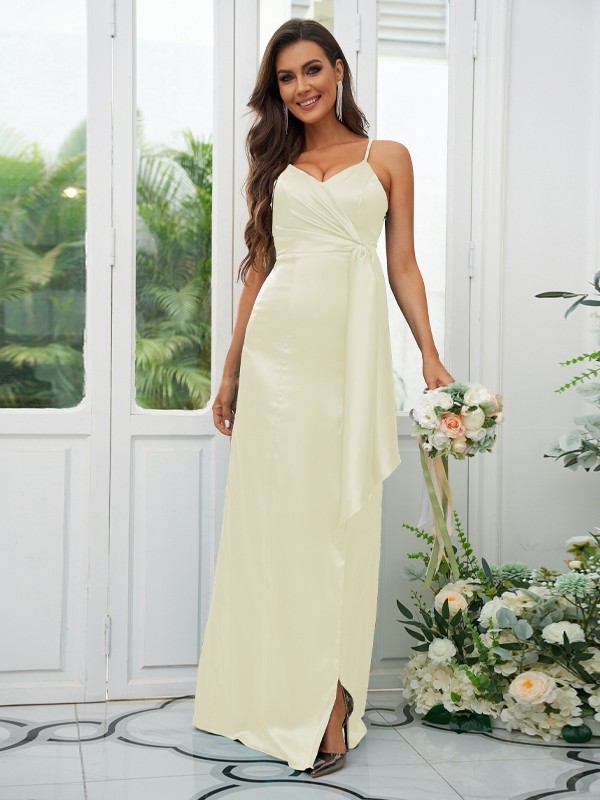 A-Line/Princess Elastic Woven Satin Ruched Spaghetti Straps Sleeveless Floor-Length Bridesmaid Dresses 2254