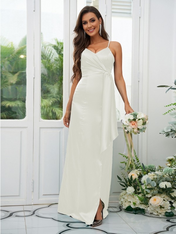 A-Line/Princess Elastic Woven Satin Ruched Spaghetti Straps Sleeveless Floor-Length Bridesmaid Dresses 2254