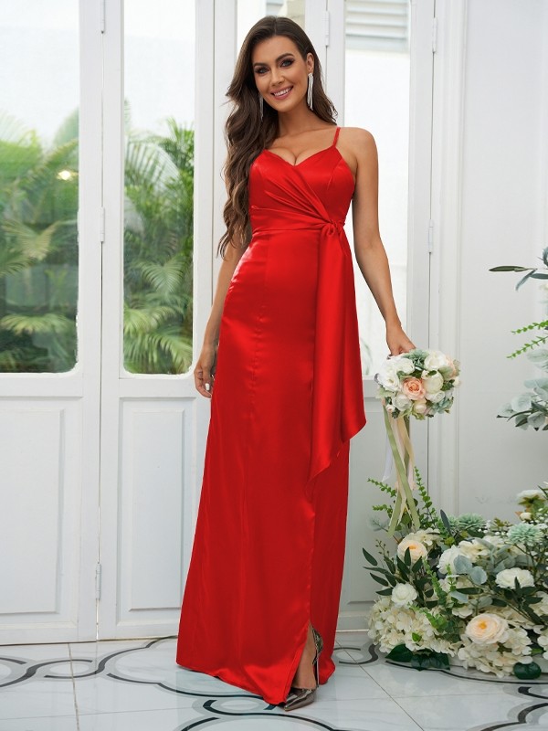 A-Line/Princess Elastic Woven Satin Ruched Spaghetti Straps Sleeveless Floor-Length Bridesmaid Dresses 2254