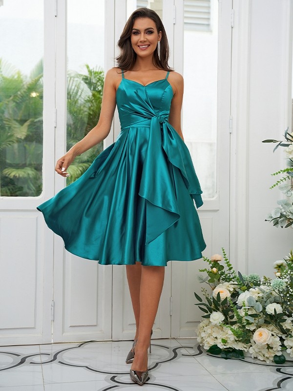 A-Line/Princess Elastic Woven Satin Ruffles Spaghetti Straps Sleeveless Knee-Length Bridesmaid Dresses 2259