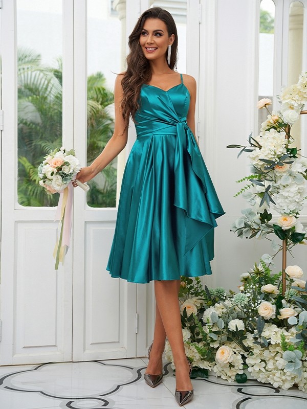 A-Line/Princess Elastic Woven Satin Ruffles Spaghetti Straps Sleeveless Knee-Length Bridesmaid Dresses 2259