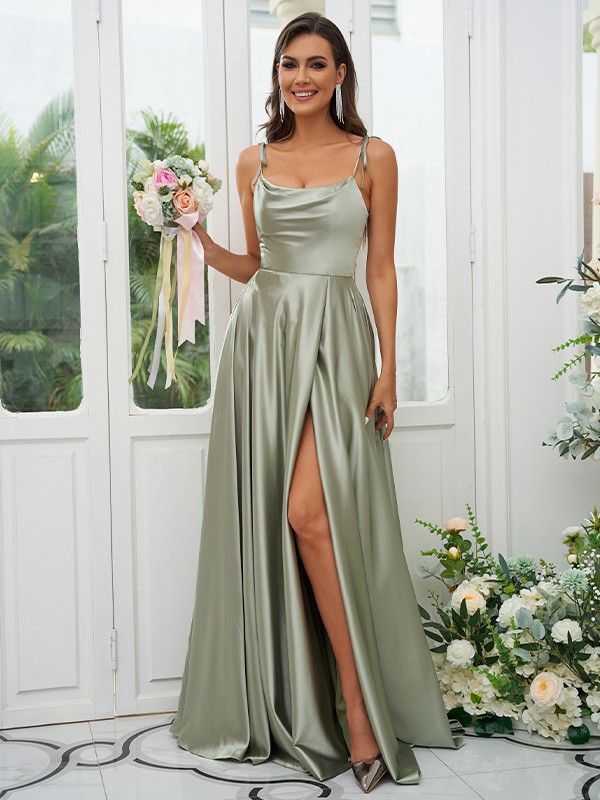 A-Line/Princess Silk like Satin Ruffles Spaghetti Straps Sleeveless Sweep/Brush Train Bridesmaid Dresses 2485