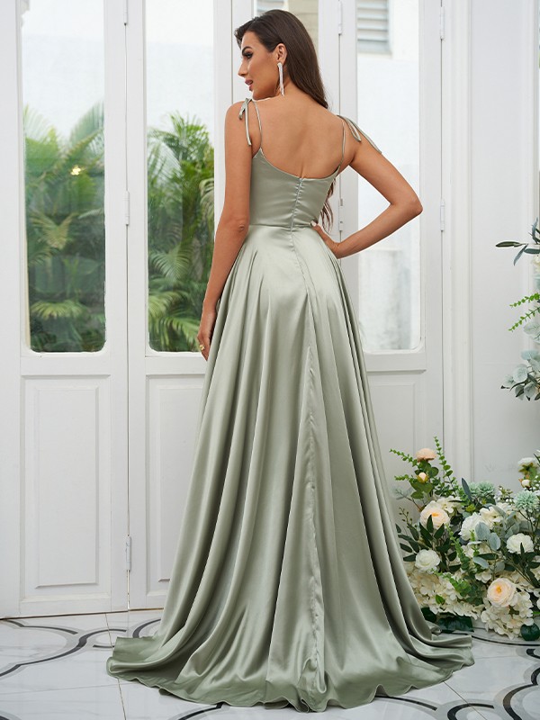 A-Line/Princess Silk like Satin Ruffles Spaghetti Straps Sleeveless Sweep/Brush Train Bridesmaid Dresses 2485