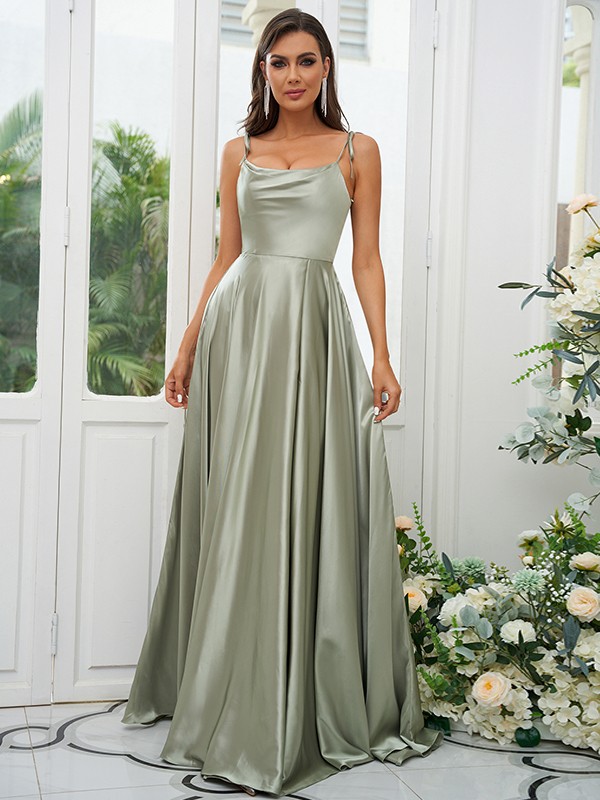 A-Line/Princess Silk like Satin Ruffles Spaghetti Straps Sleeveless Sweep/Brush Train Bridesmaid Dresses 2485