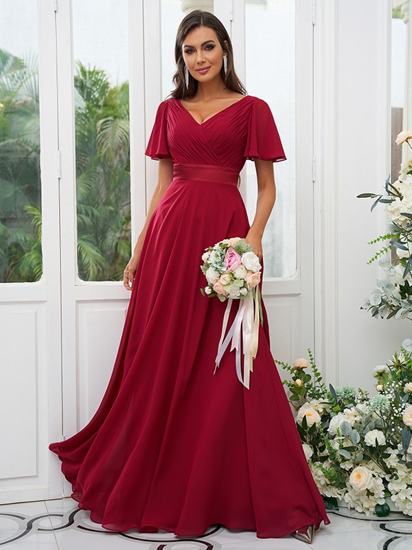 A-Line/Princess Chiffon Ruched V-neck Short Sleeves Sweep/Brush Train Bridesmaid Dresses 2174