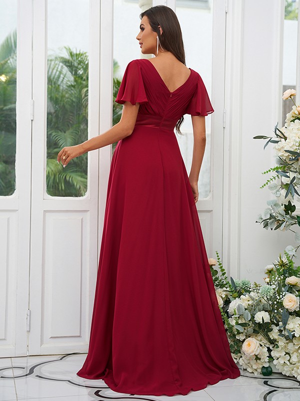 A-Line/Princess Chiffon Ruched V-neck Short Sleeves Sweep/Brush Train Bridesmaid Dresses 2174