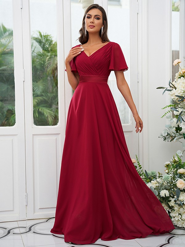 A-Line/Princess Chiffon Ruched V-neck Short Sleeves Sweep/Brush Train Bridesmaid Dresses 2174