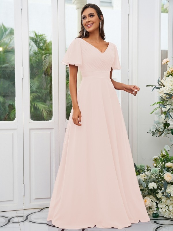 A-Line/Princess Chiffon Ruched V-neck Short Sleeves Sweep/Brush Train Bridesmaid Dresses 2174