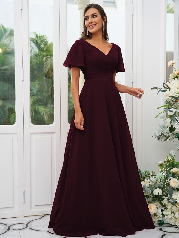 A-Line/Princess Chiffon Ruched V-neck Short Sleeves Sweep/Brush Train Bridesmaid Dresses 2174