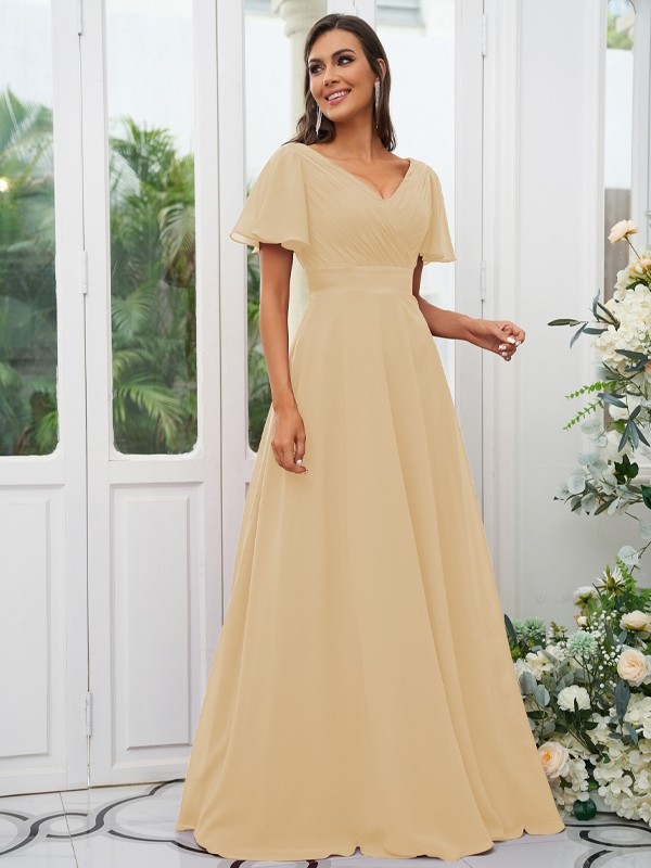 A-Line/Princess Chiffon Ruched V-neck Short Sleeves Sweep/Brush Train Bridesmaid Dresses 2174