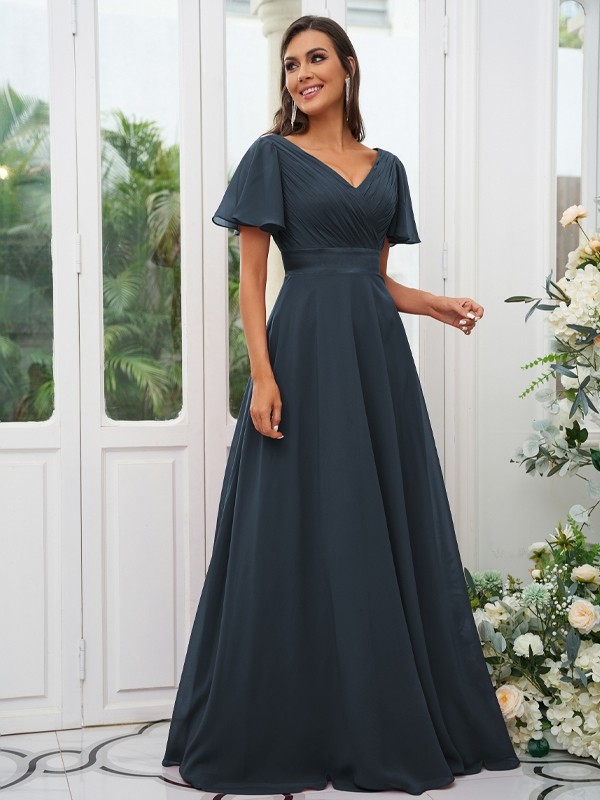 A-Line/Princess Chiffon Ruched V-neck Short Sleeves Sweep/Brush Train Bridesmaid Dresses 2174