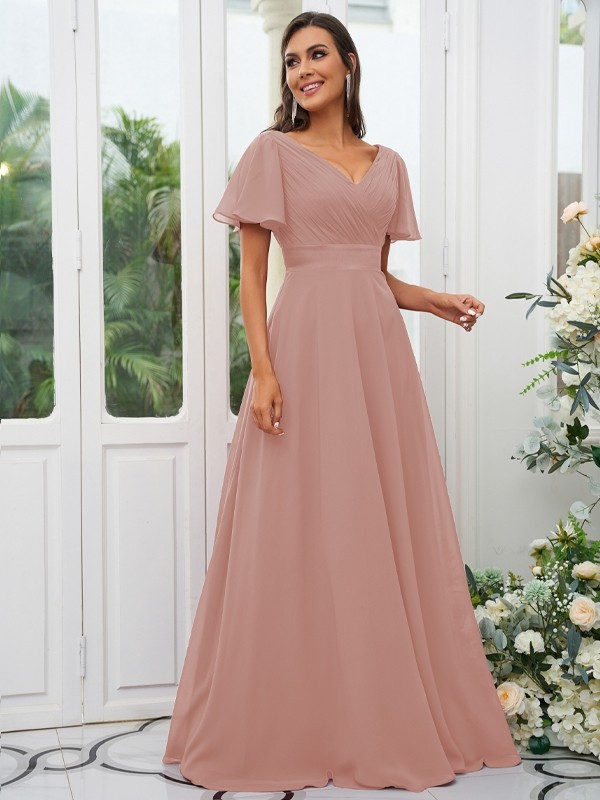 A-Line/Princess Chiffon Ruched V-neck Short Sleeves Sweep/Brush Train Bridesmaid Dresses 2174