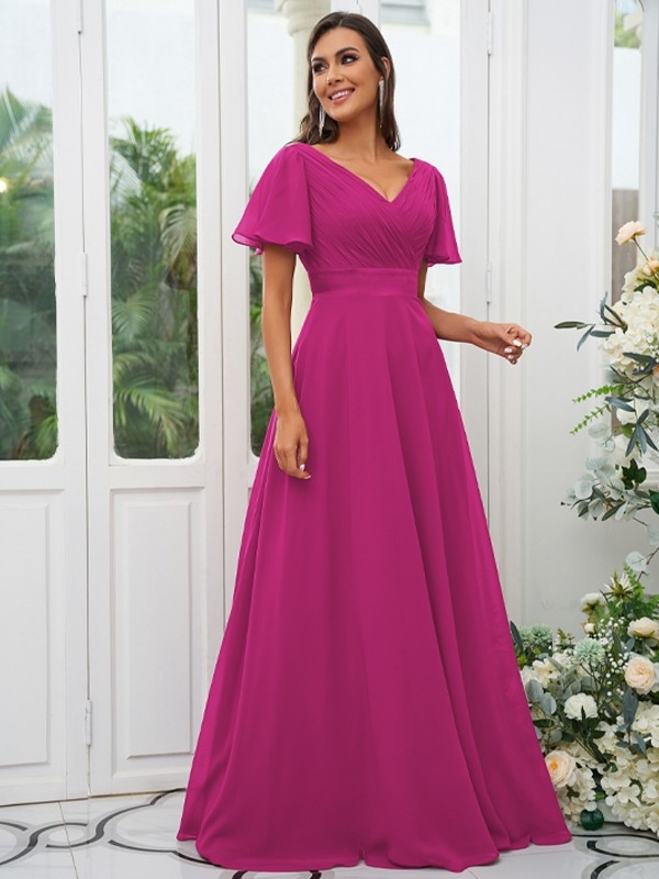 A-Line/Princess Chiffon Ruched V-neck Short Sleeves Sweep/Brush Train Bridesmaid Dresses 2174