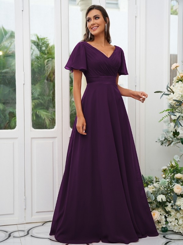 A-Line/Princess Chiffon Ruched V-neck Short Sleeves Sweep/Brush Train Bridesmaid Dresses 2174