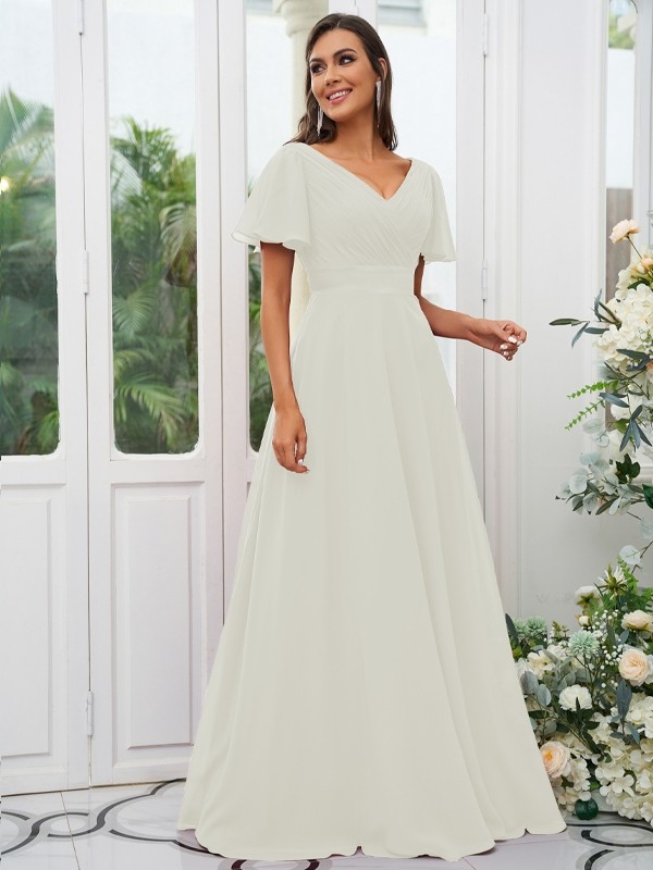 A-Line/Princess Chiffon Ruched V-neck Short Sleeves Sweep/Brush Train Bridesmaid Dresses 2174