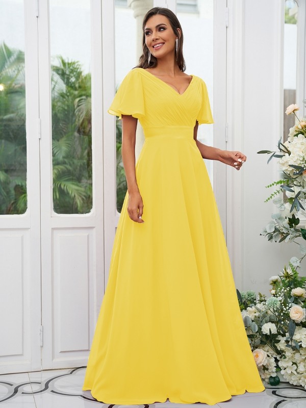 A-Line/Princess Chiffon Ruched V-neck Short Sleeves Sweep/Brush Train Bridesmaid Dresses 2174