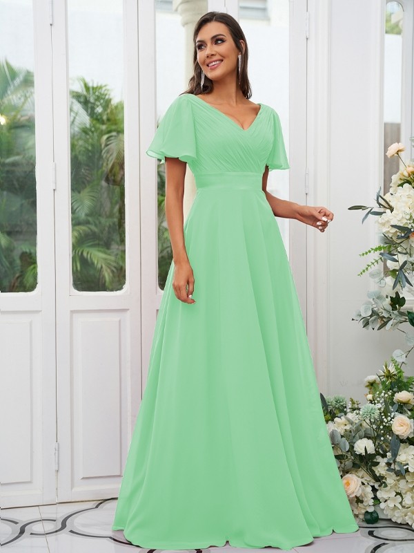 A-Line/Princess Chiffon Ruched V-neck Short Sleeves Sweep/Brush Train Bridesmaid Dresses 2174